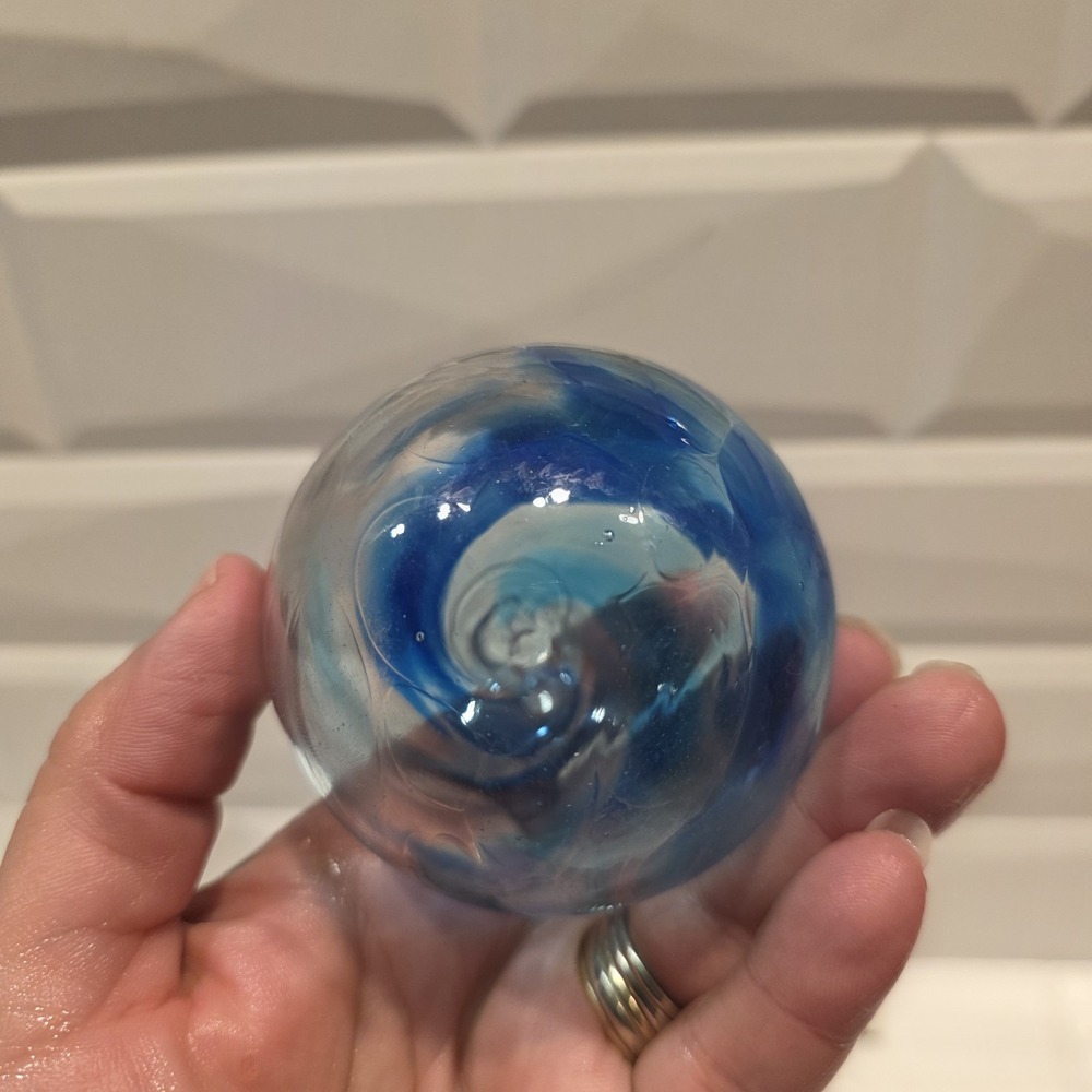 Set Of 2 Art Glass Hand Blown Christmas Ornament Orb Balls Blue Swirl & Multi - Picture 4 of 13